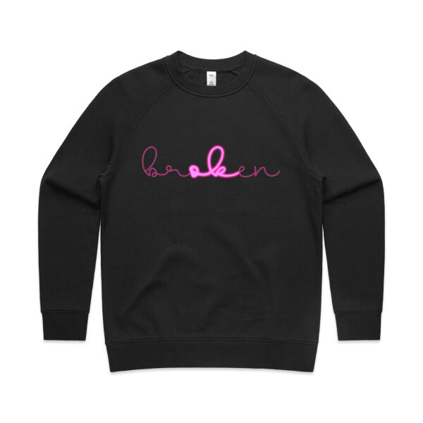 BROKEN, Women's pink glow script crew Thumbnail